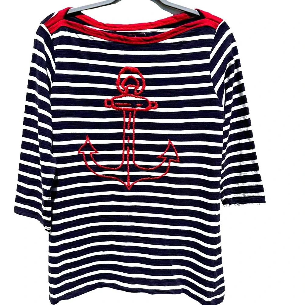 Hatley - Navy White Striped Boat Neck Shirt with Embroidered Red Anchor, SizeL - Picture 1 of 9